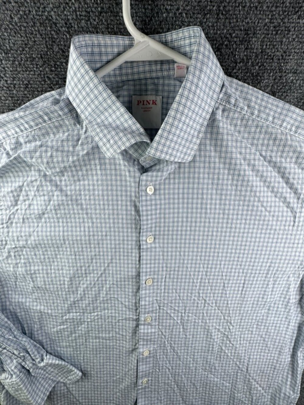 Thomas Pink Long Sleeve Button Up Shirt Men Cotton Blue Check 17 43 Classic Fit